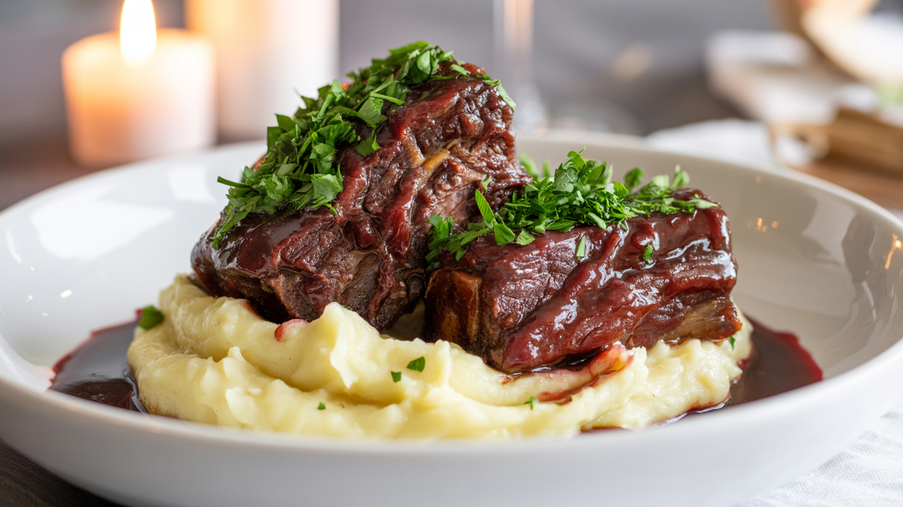 Braised Short Ribs Recipe with Red Wine Sauce plated