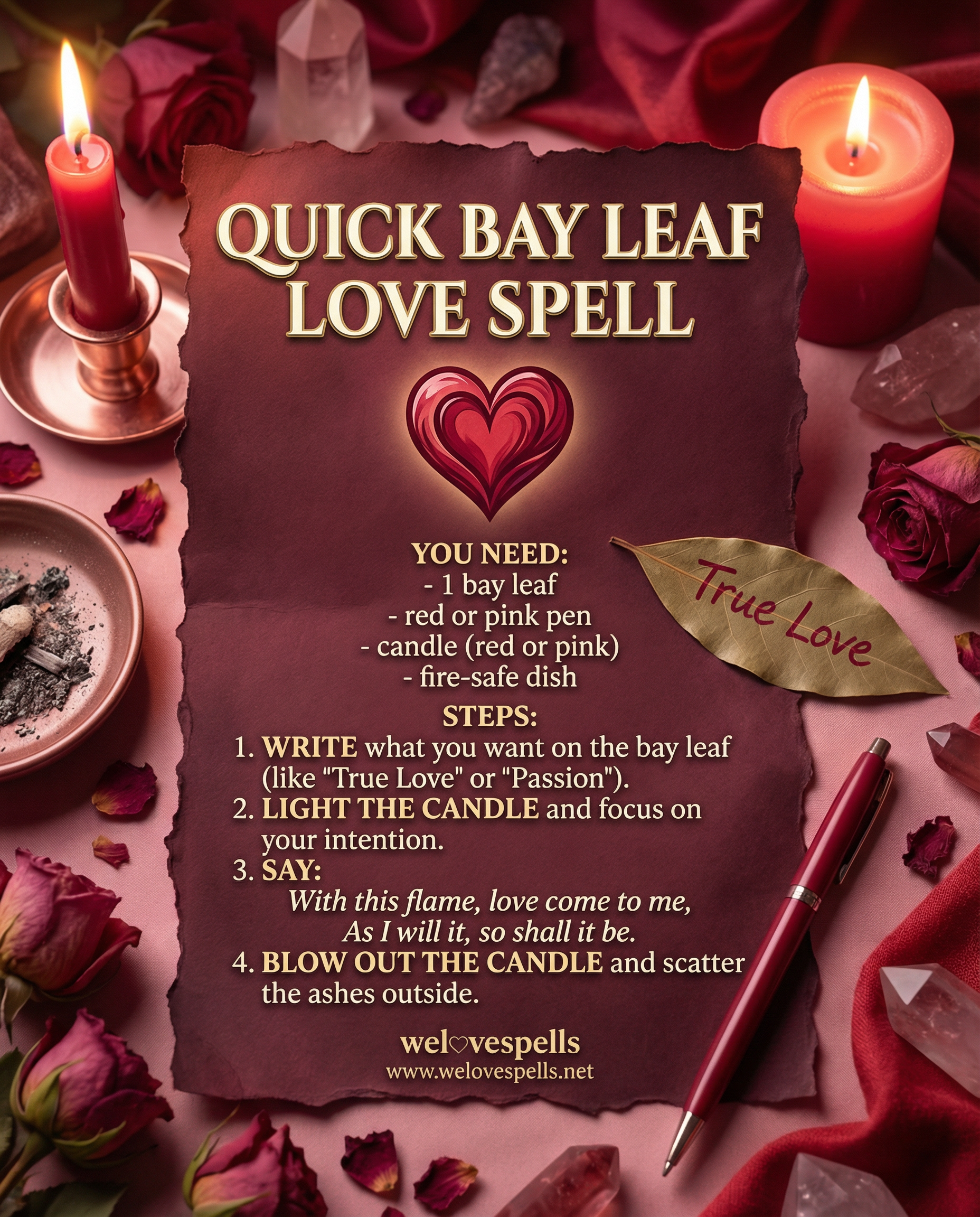 Bay leaf love spell ritual with candle and bay leaves for manifesting passion and romance