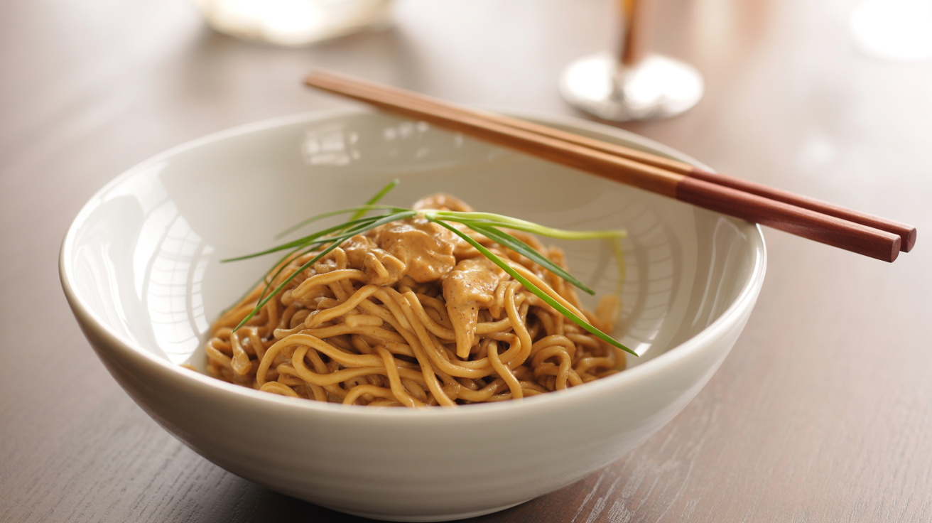 Spicy Peanut Noodle Recipe with Chicken - Ready in 30 Min plated