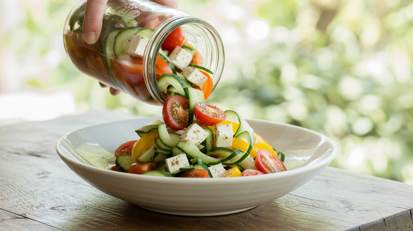 Mason Jar Greek Salad Recipe - Fresh & Portable Meal Prep plated