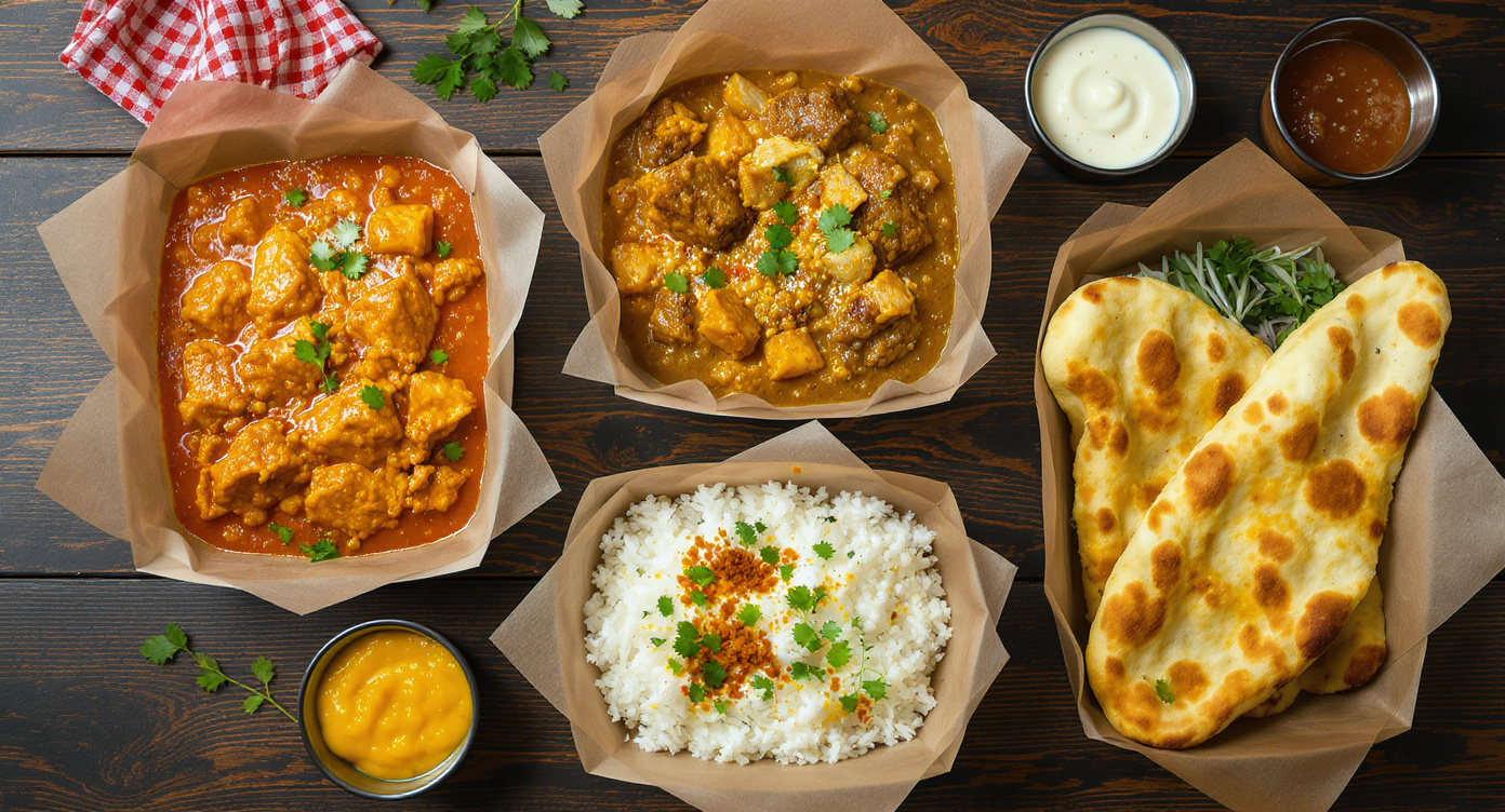 Indisk takeaway fra Inder'n med butter chicken, dal makhani, naan og ris i afhentningsbokse, klar til Dragør