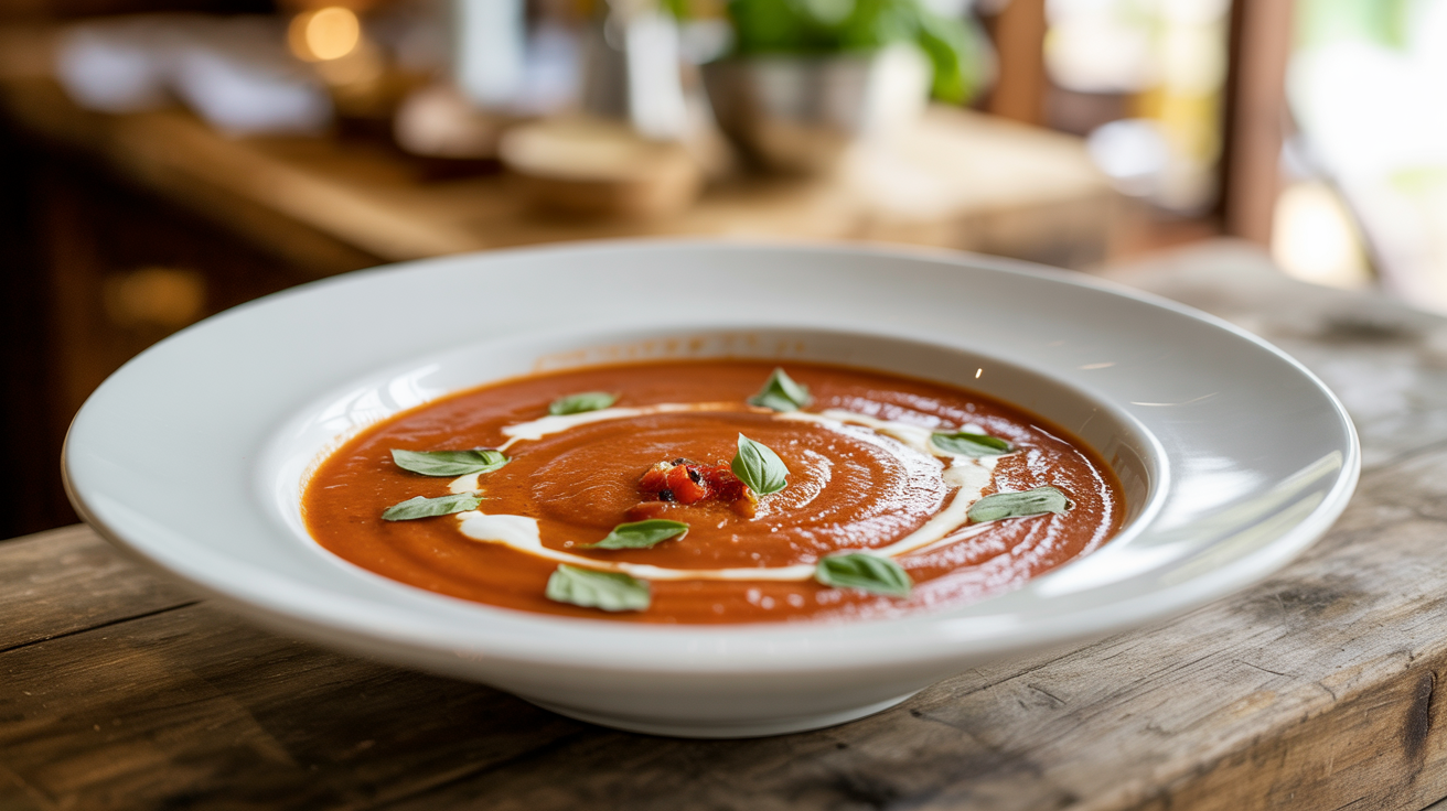 Roasted Tomato Basil Soup Recipe - Creamy Homemade Comfort plated