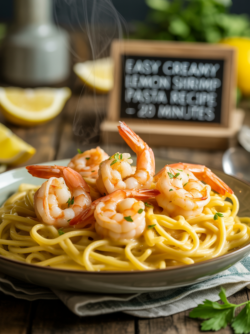 Easy Creamy Lemon Shrimp Pasta Recipe - 20 Minutes closeup detail