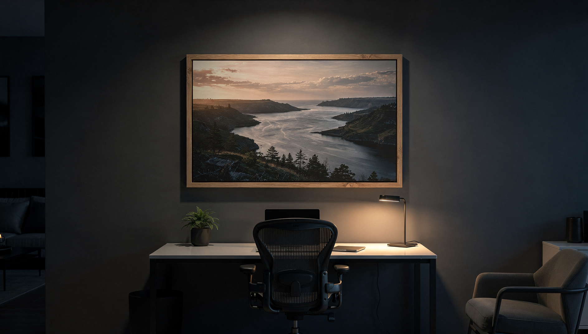 office wall art – canvas print hung at eye level above a desk by Rossetti Art