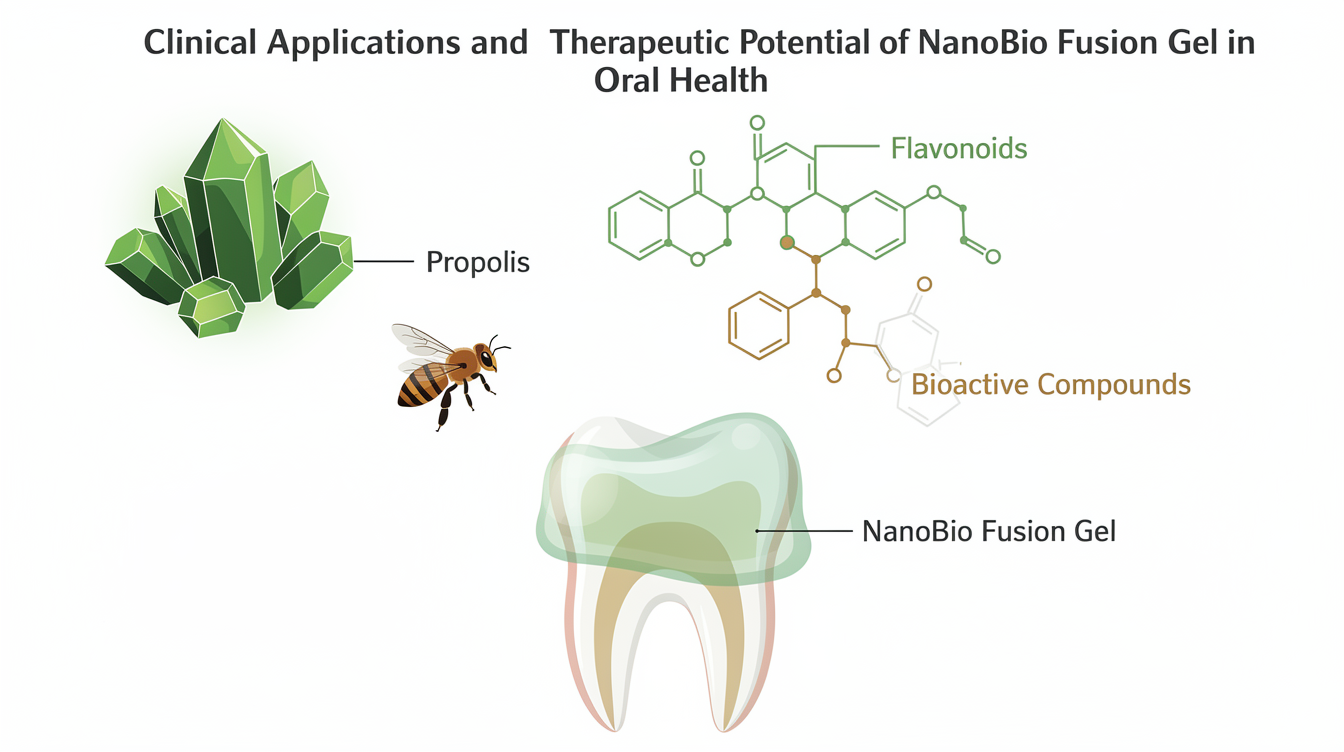 Clinical Applications and Therapeutic Potential of Nano-Bio Fusion Gel in Oral Soft Tissue Therapy: A Critical Narrative Review. scientific illustration