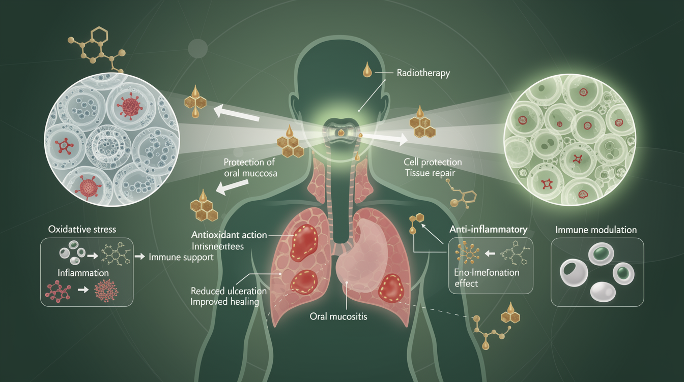 Propolis may reduce severity for radiotherapy-induced oral mucositis: a systematic review. mechanism illustration