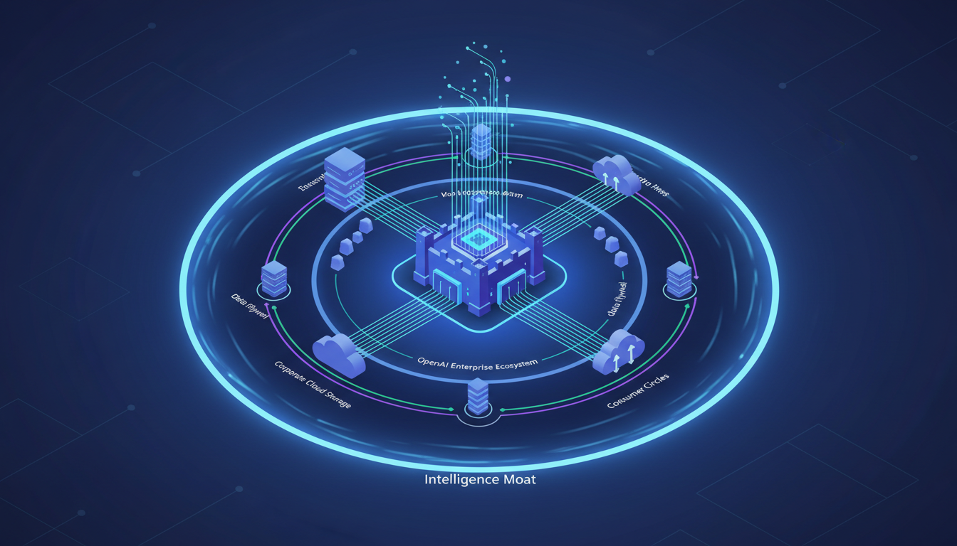 An elegant 3D diagram showing an intelligence moat. A fortress at the center representing OpenAIs enterprise ecosystem, with glowing data-stream lines feeding back from consumer circles and corporate