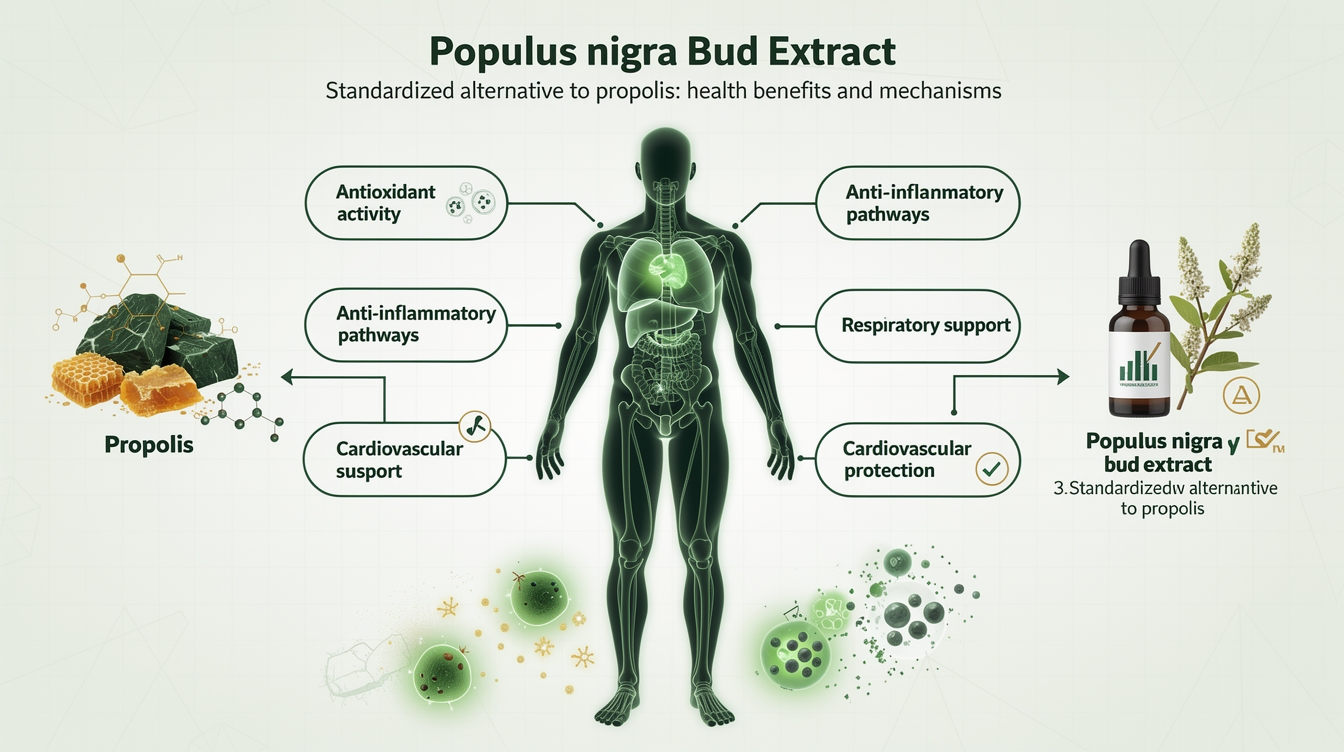 Populus nigra Bud Extract as a Standardized Alternative to Propolis: Evidence of Compositional Similarity-Functional Properties of an Oral Spray Containing Populus nigra Bud Extract. mechanism illustration