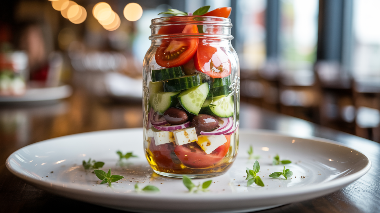 Mason Jar Greek Salad Recipe - Fresh & Easy Meal Prep plated