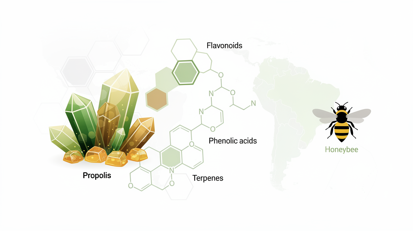 Brazilian propolis: Chemical composition, regional variability, and bioactive potential. scientific illustration