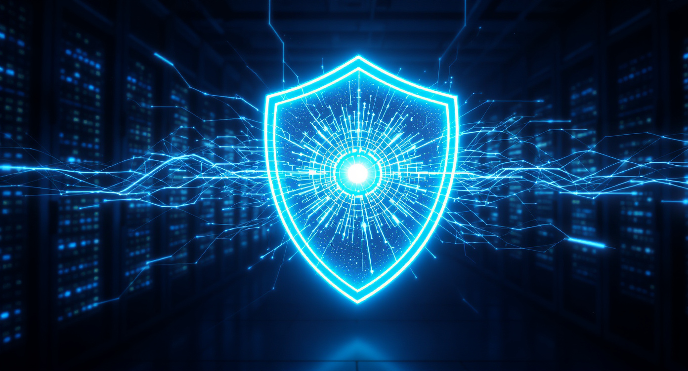 Escudo digital con redes neuronales y servidores en fondo oscuro representando ciberseguridad con IA