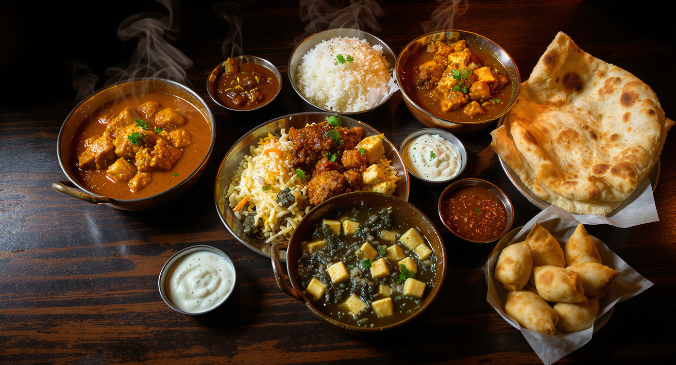 Indisk mad spread fra Inder'n med butter chicken, naan og ris klar til levering i Kastrup