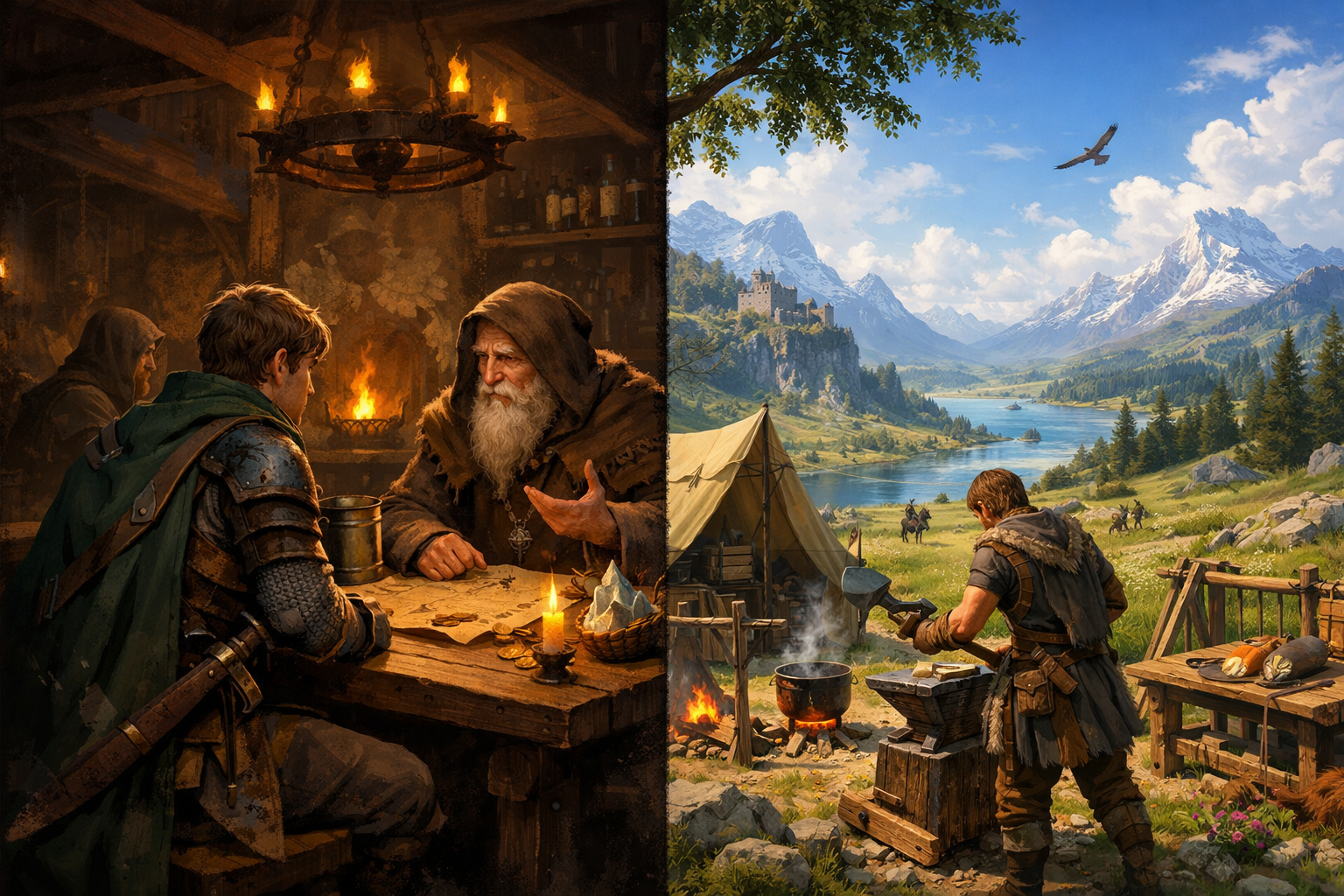 Composition divisée montrant un RPG narratif classique et un monde sandbox ouvert