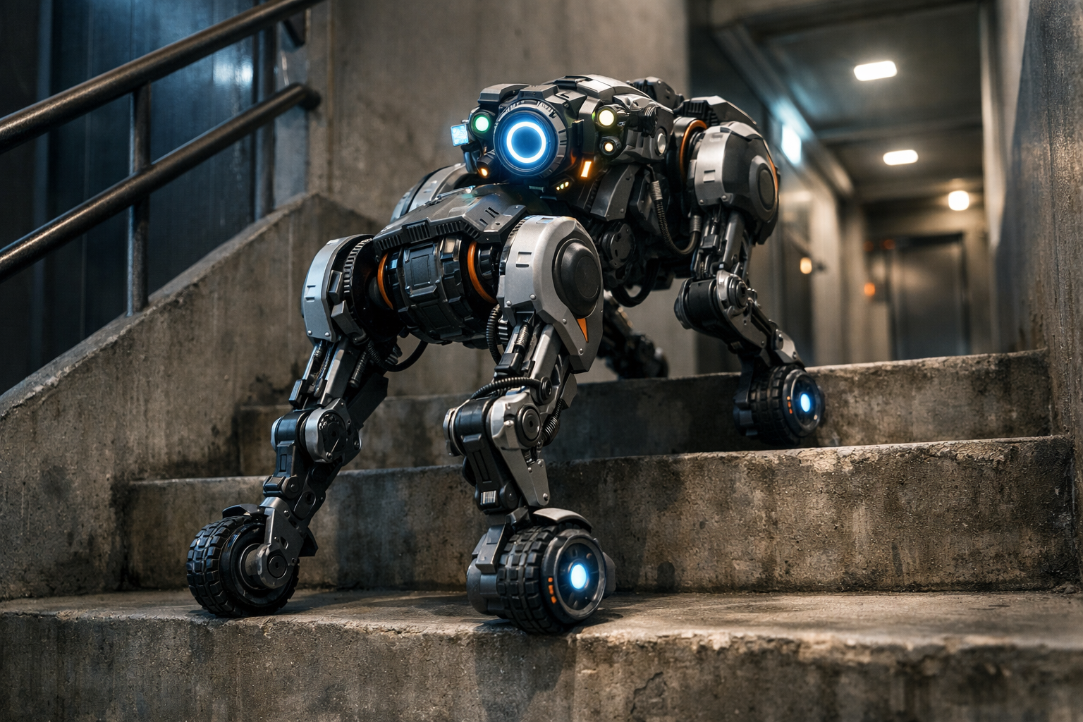 Robot quadrupède RIVR montant des escaliers avec ses roues intégrées aux pattes