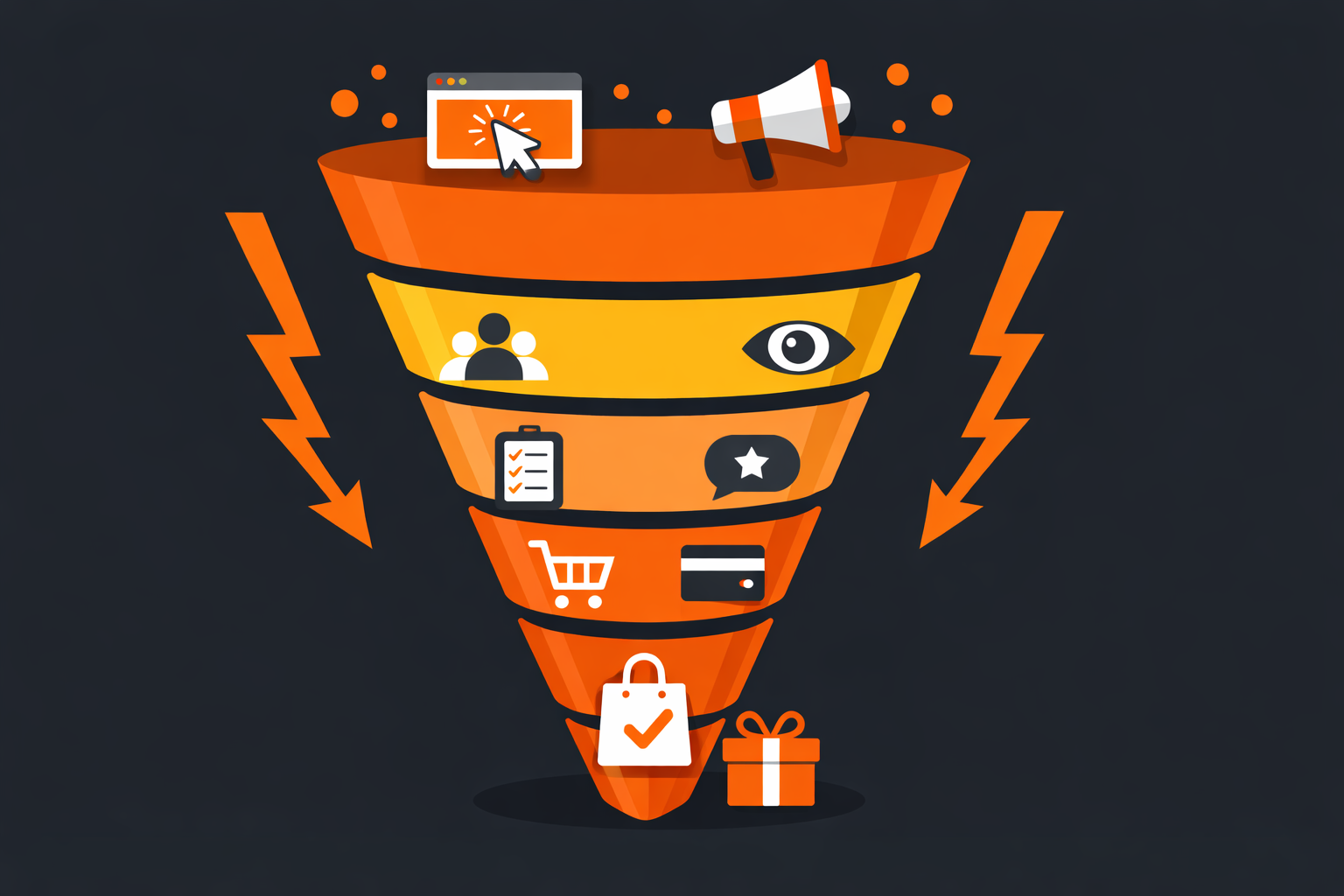 Conversion funnel optimization showing stages from PPC ad click to completed purchase with optimization points