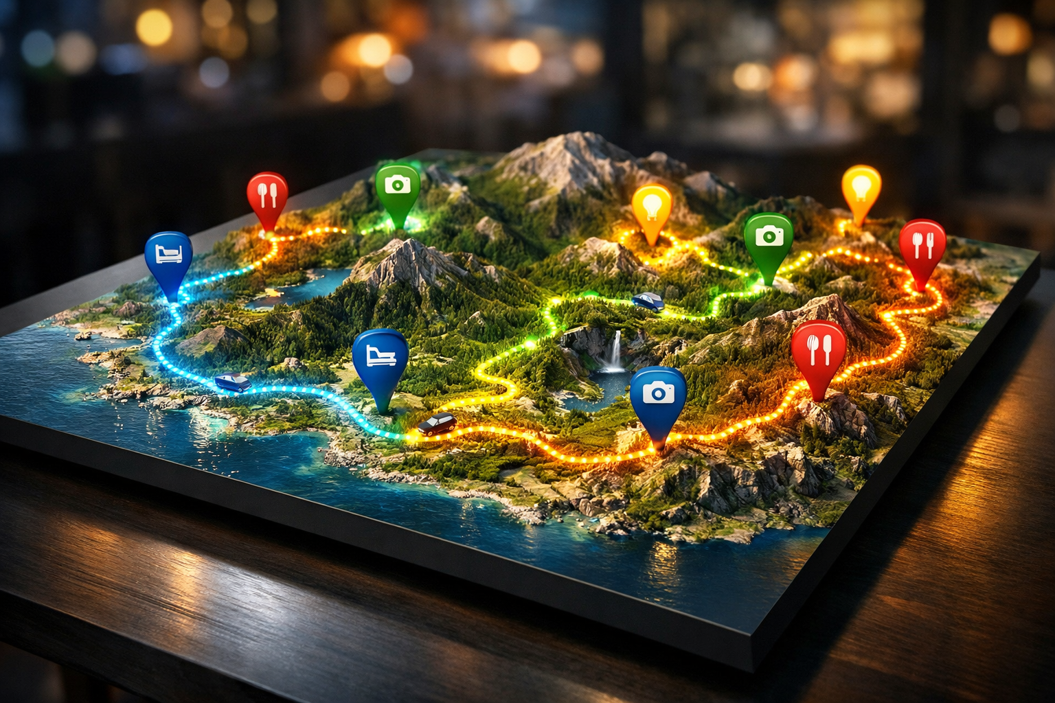 Carte 3D interactive avec itinéraire de road trip et recommandations générées par IA