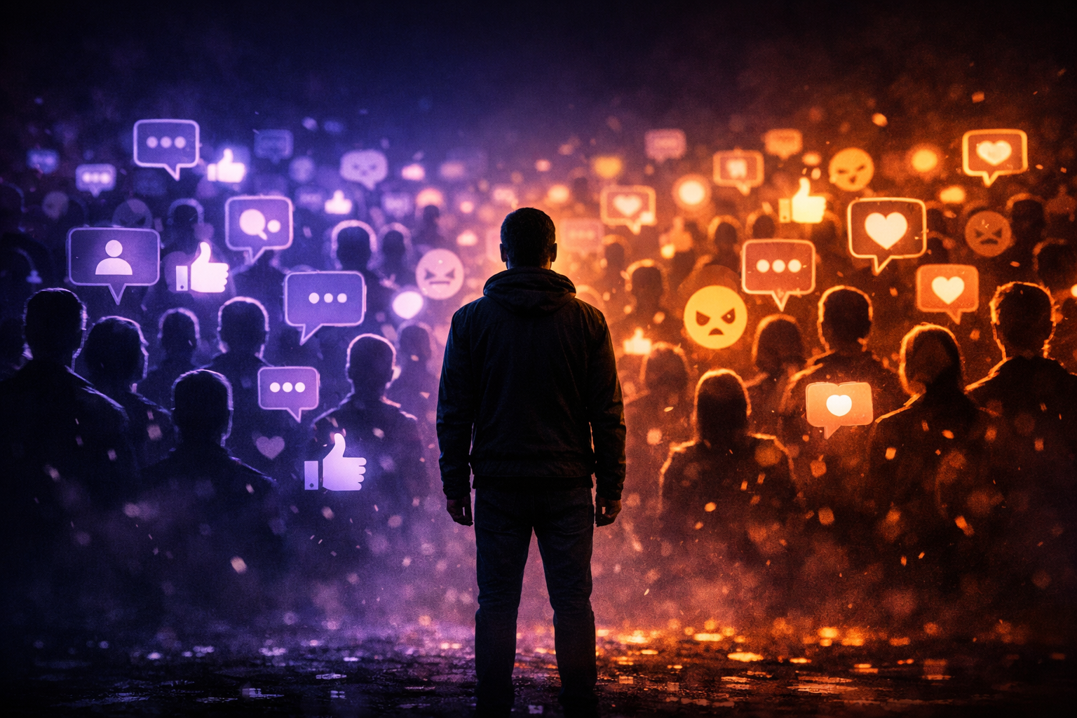 Silhouette seule face à une foule numérique symbolisant la responsabilité individuelle contre la mentalité de meute