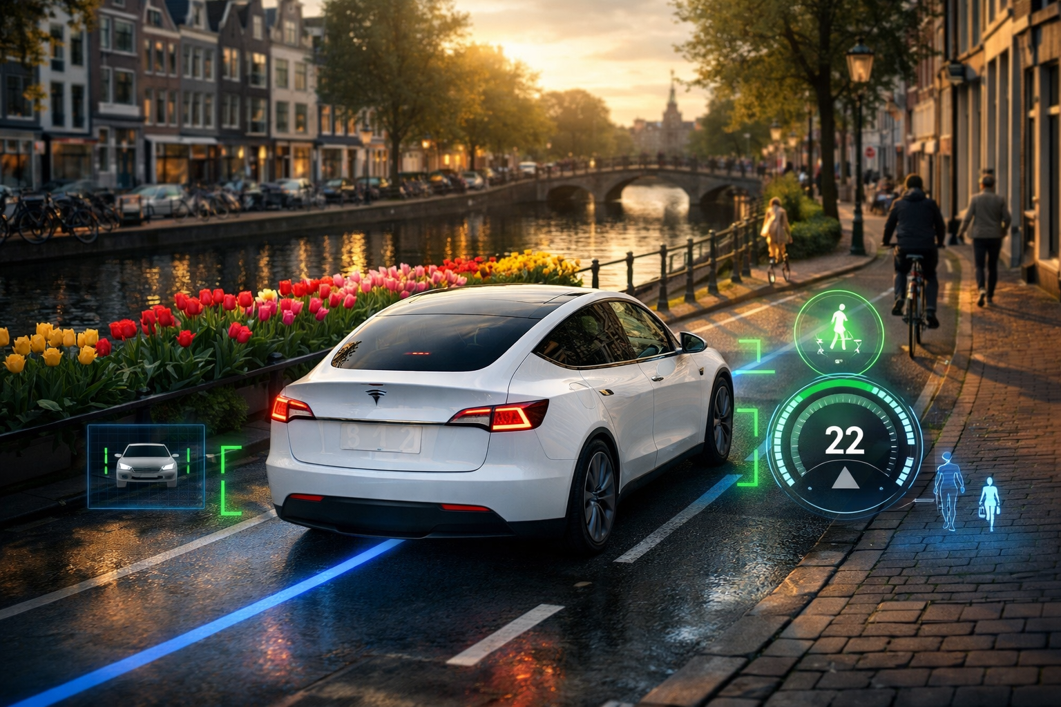 Tesla en conduite autonome sur une route néerlandaise