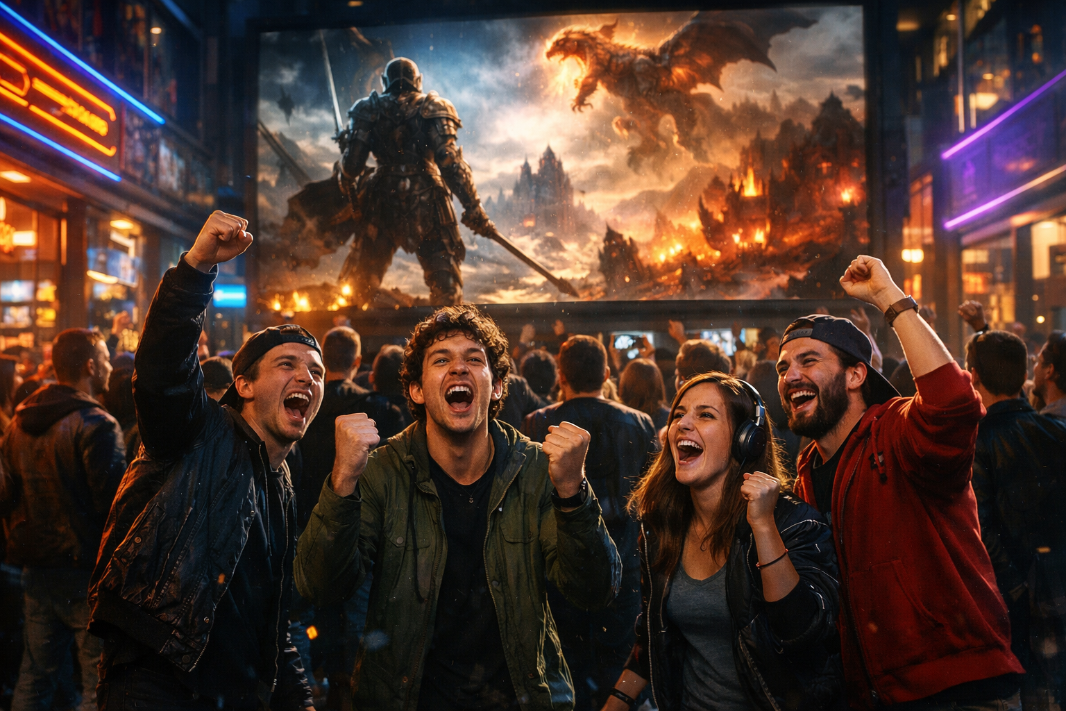 Joueurs excités devant une annonce de pré-commande jeu vidéo