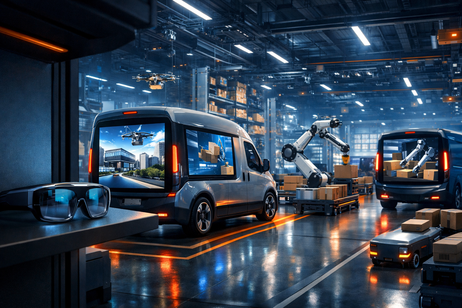 Centre logistique Amazon futuriste avec camions intelligents et lunettes de réalité augmentée