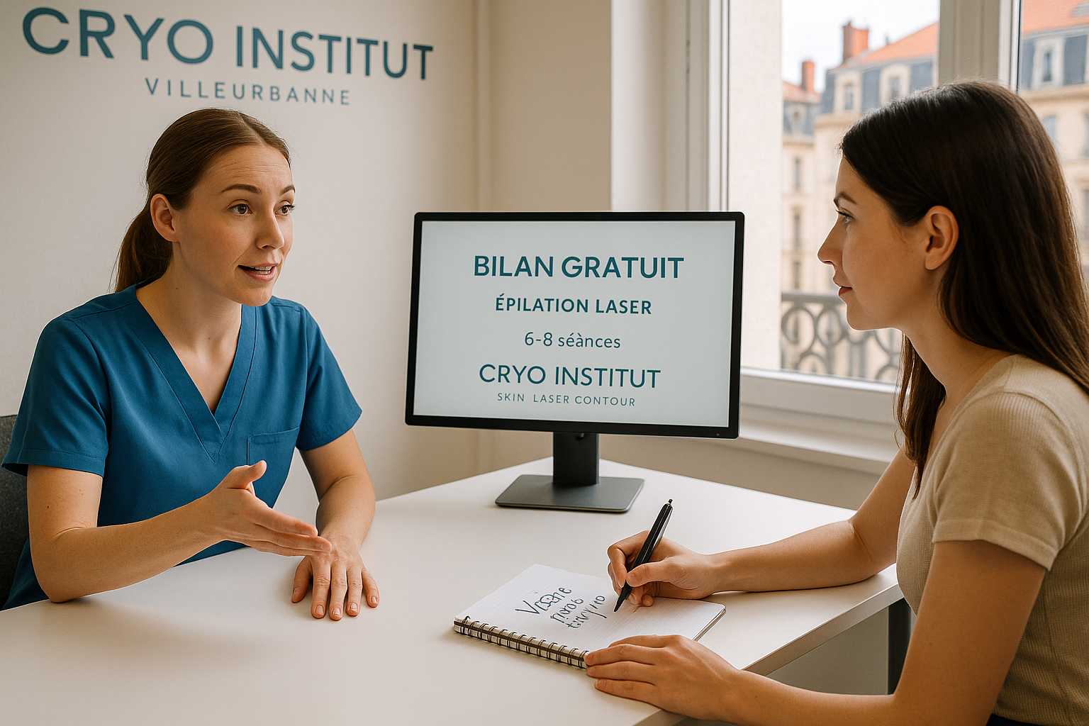 Une image photoréaliste d’une consultation gratuite au Cryo Institut à Villeurbanne. Une esthéticienne diplômée (en tenue professionnelle bleue) explique clairement les détails de l’épilation laser à une cliente assise en face d’elle à une table moderne. Sur la table, un écran d’ordinateur affiche clairement en français ‘Bilan Gratuit – Clininal Skin Laser Contour Paris’ avec les mots ‘6-8 séances’ visibles à l’écran. La cliente prend des notes avec un stylo sur un carnet qui montre ‘Votre peau unique’ écrit en français. L’atmosphère est chaleureuse et professionnelle, avec une fenêtre montrant l’architecture lyonnaise caractéristique. La composition respecte la règle des tiers avec le visage attentif de la cliente au point d’intersection supérieur droit. Un éclairage naturel avec rim light crée un impact visuel digne d’une vignette YouTube. L’image est entièrement adaptée au grand public, sans nudité, avec des poses professionnelles et respectueuses.