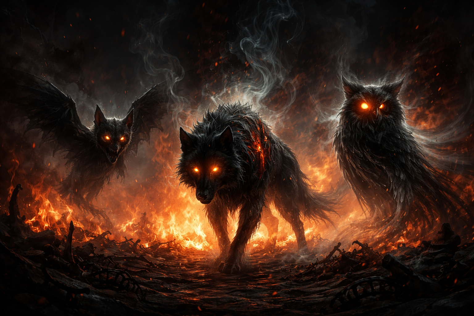 Trois formes animales spectrales, un loup blessé, une chauve-souris sans ailes et un hibou borgne