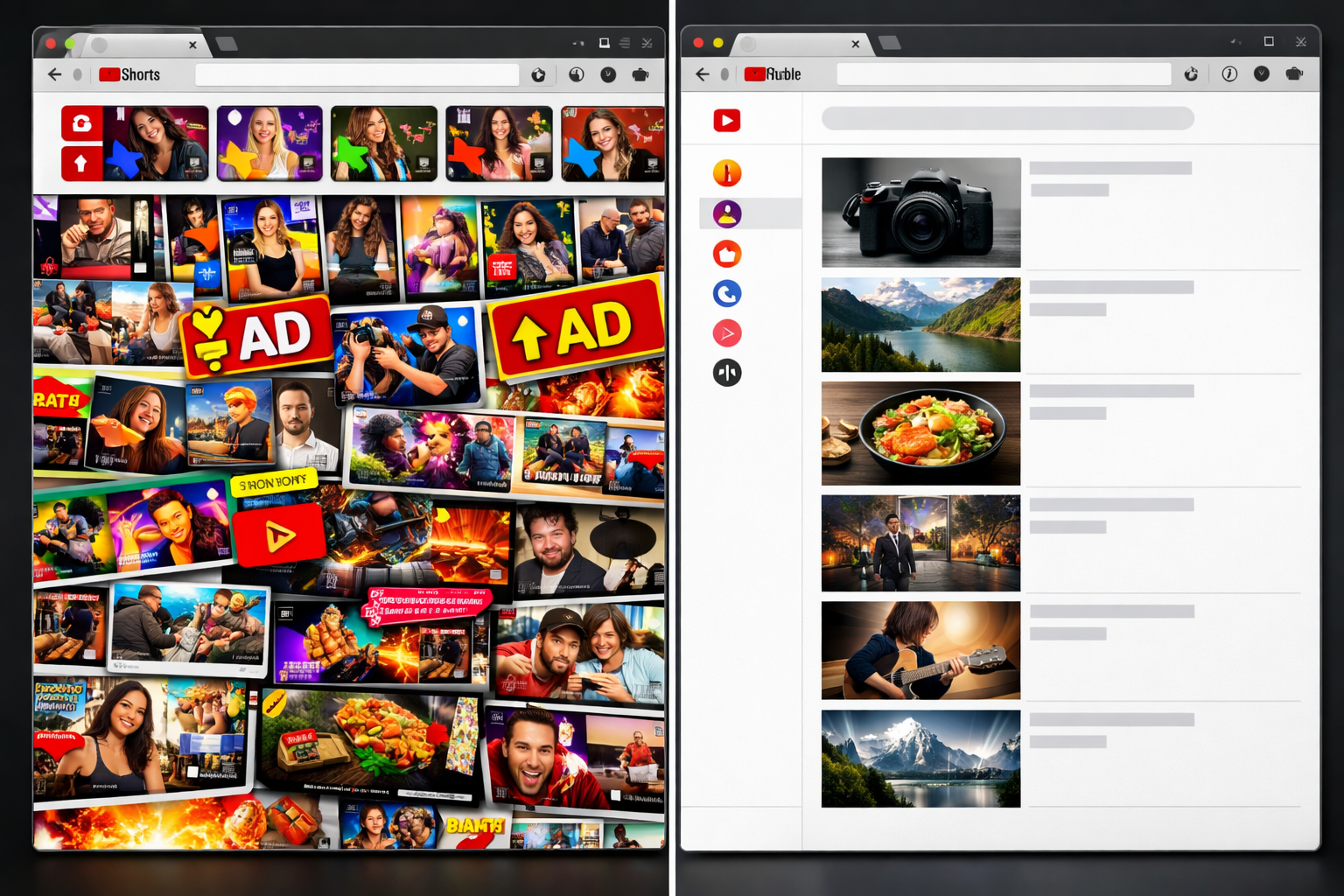 Comparaison split-view entre YouTube par défaut et l'extension IA de PewDiePie