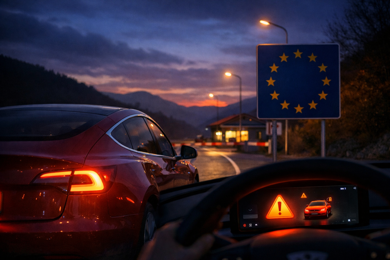 Tesla franchissant une frontière européenne au crépuscule