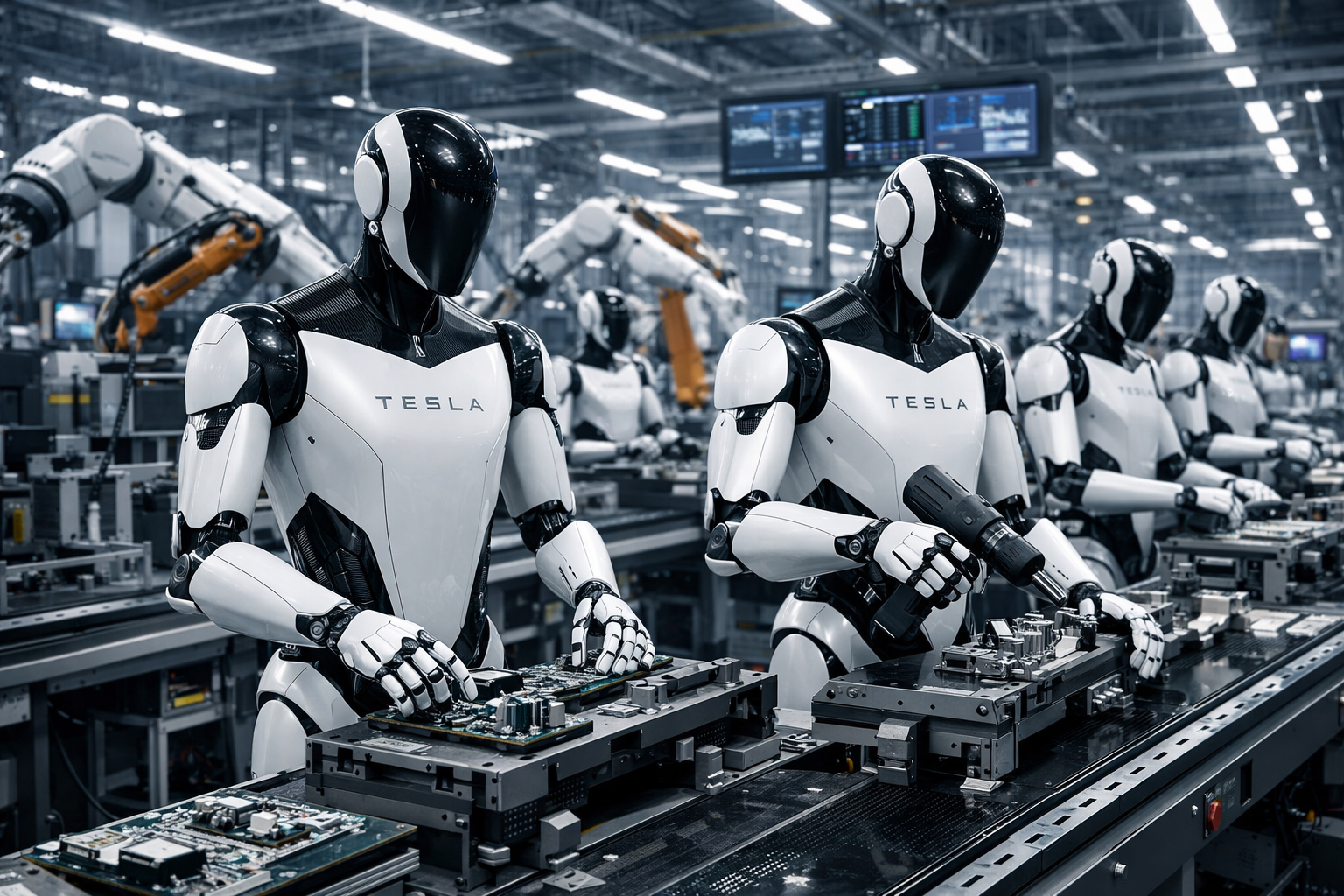 Robots humanoïdes Tesla Optimus en démonstration dans une usine