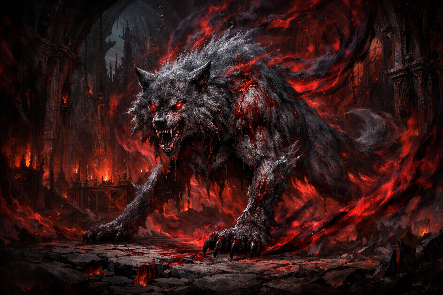 Un loup ensanglanté dans un sanctuaire corrompu, forme de Mephisto dans Diablo 4