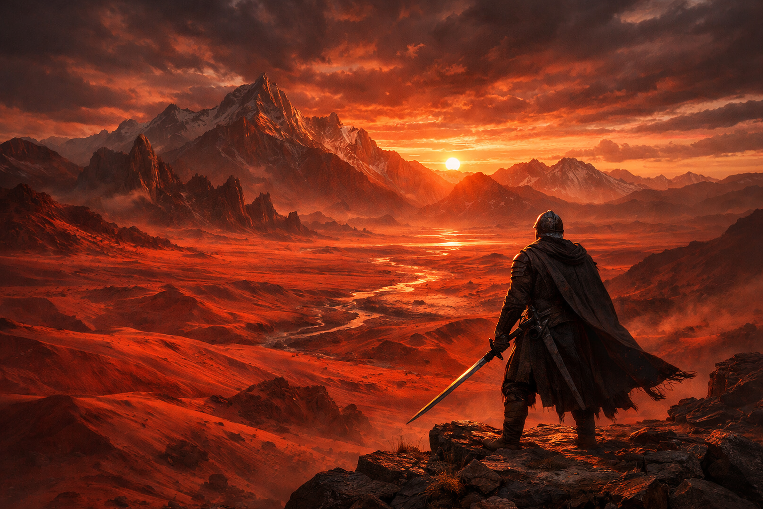 Crimson Desert paysage désertique épique avec un guerrier solitaire