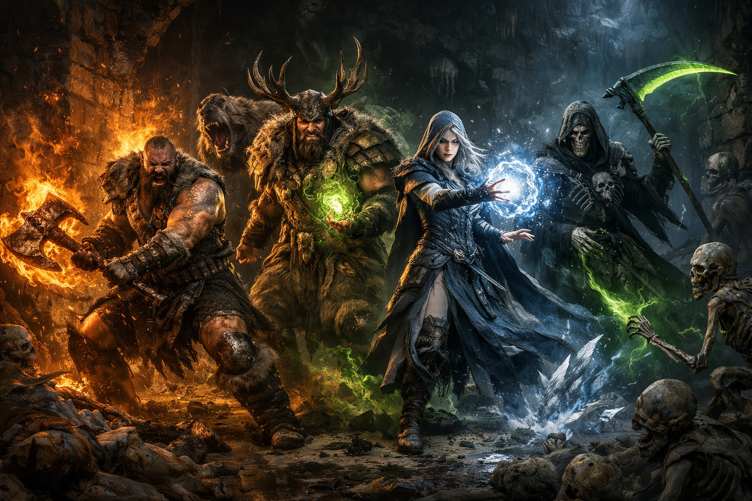 Barbare, Druide et Nécromancien en combat — Diablo 4