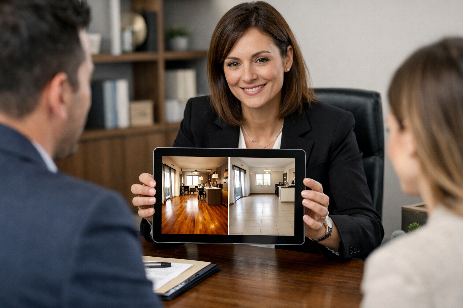 Agent immobilier montrant deux photos d'appartement sur tablette — parquet IA versus carrelage réel