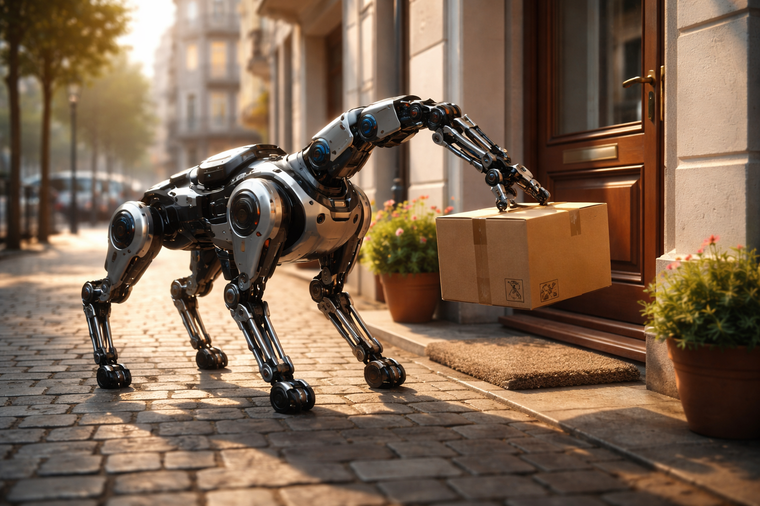 Robot-chien RIVR livrant un colis devant une porte dans une ville européenne