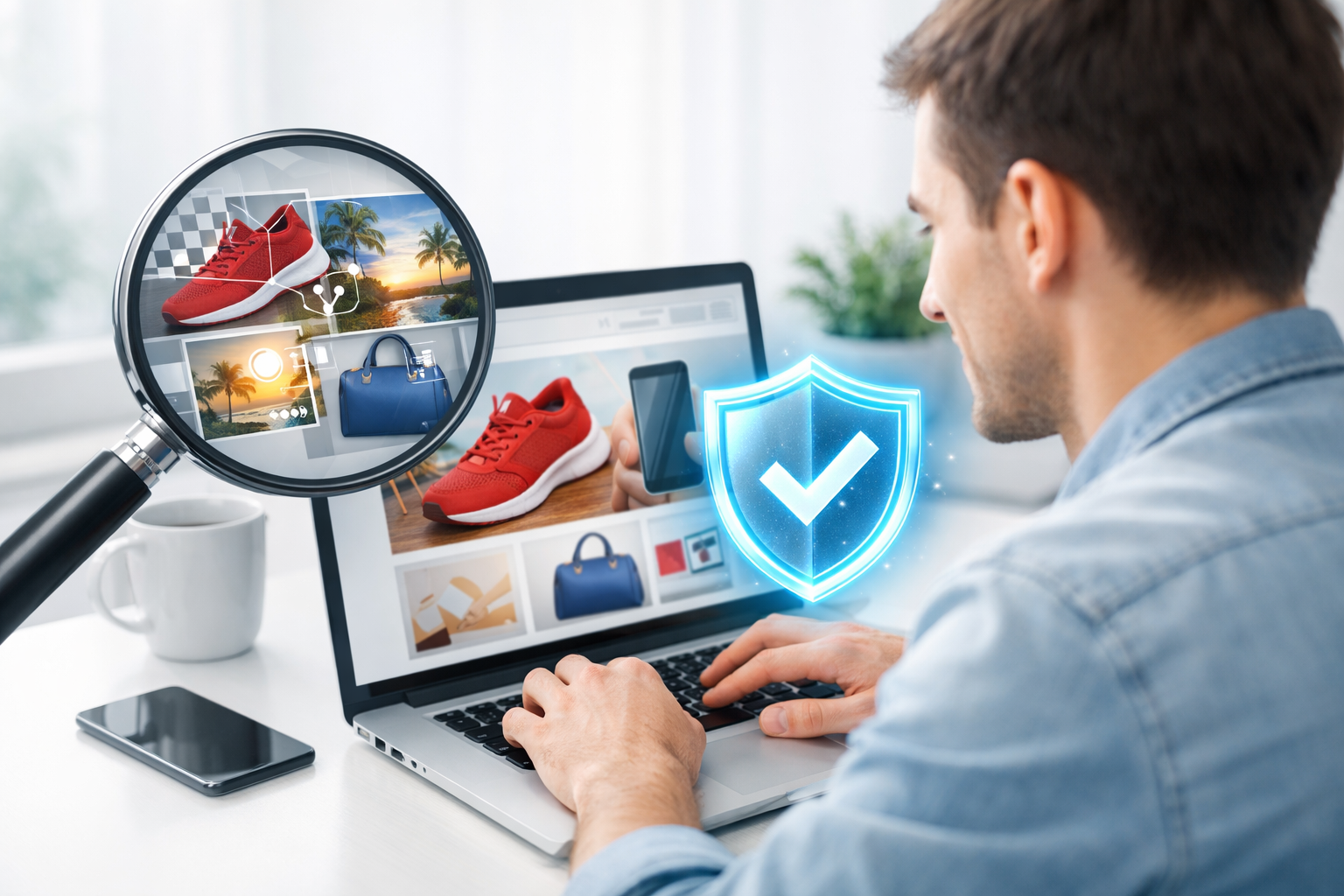 Personne naviguant en sécurité sur un site de vente en ligne avec une protection contre les arnaques IA