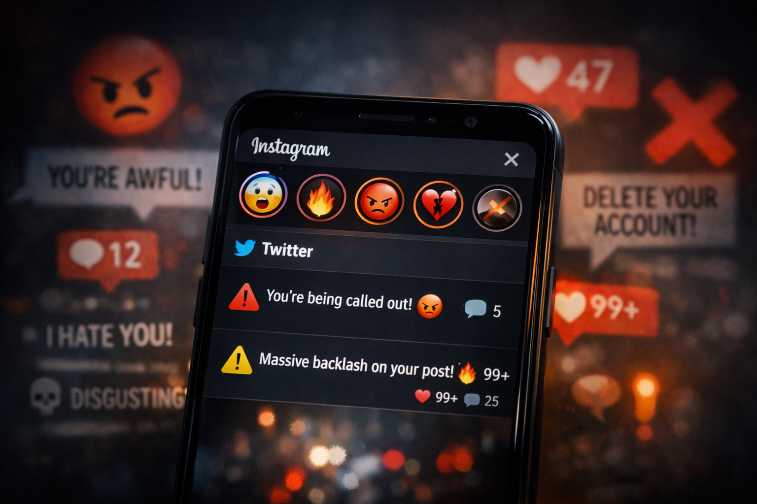 Smartphone affichant des stories Instagram et des notifications de controverse