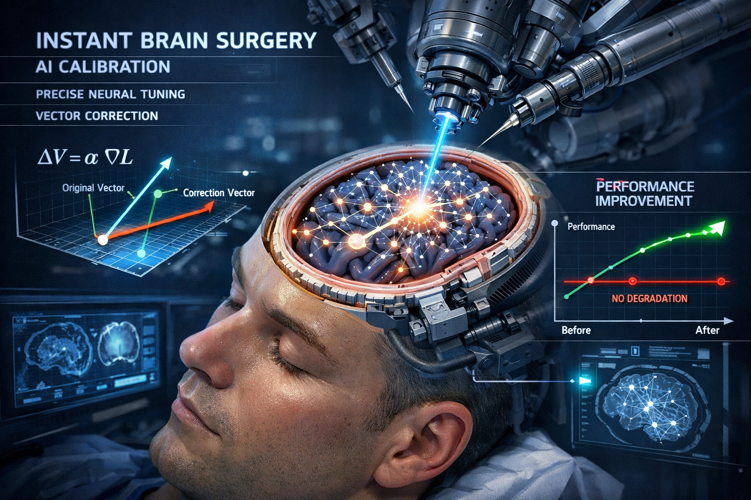 Concept de chirurgie cérébrale instantanée sur IA avec calibration précise et graphiques de performance
