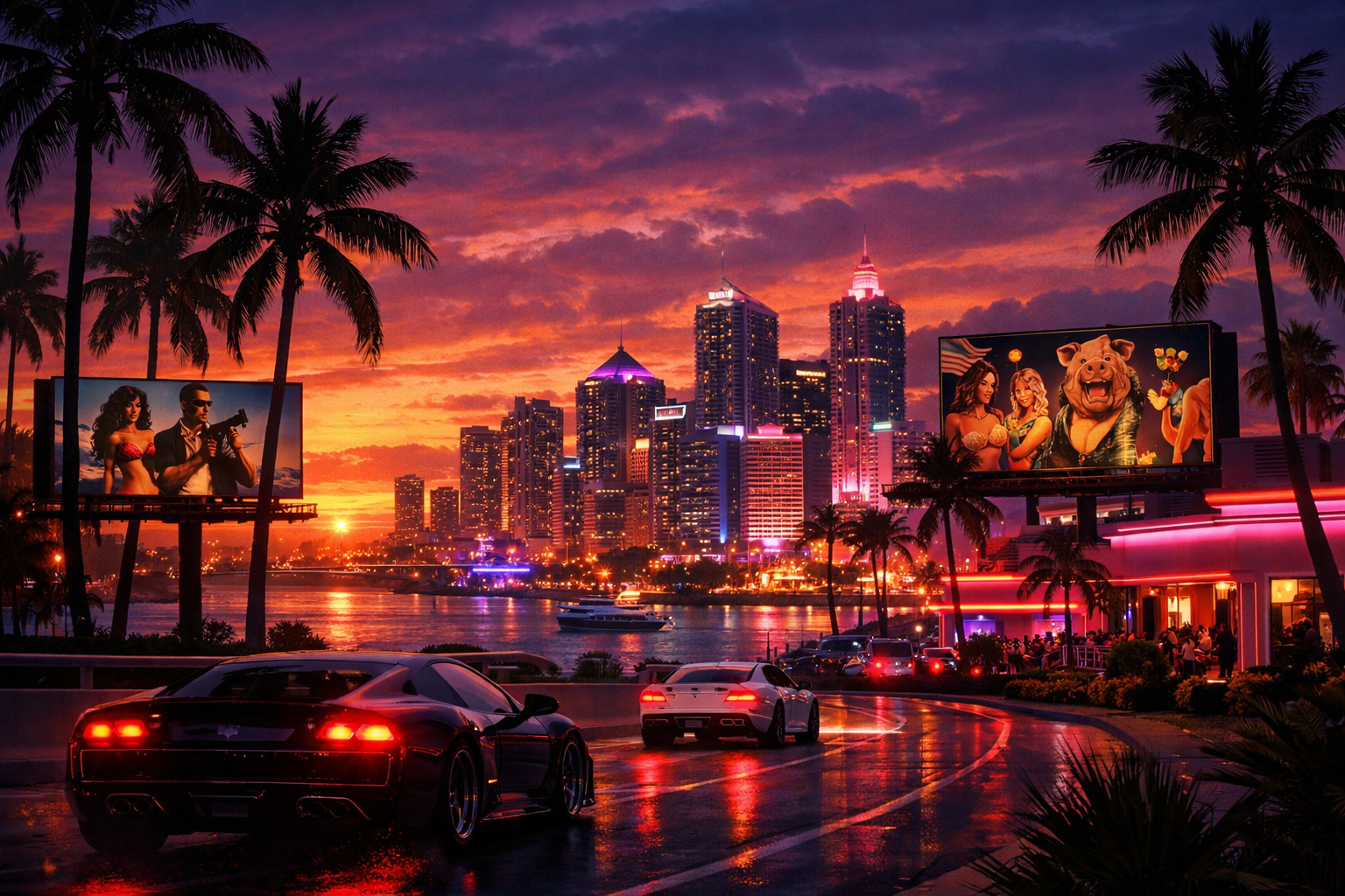 GTA 6 Vice City skyline au crépuscule avec néons et ambiance satirique