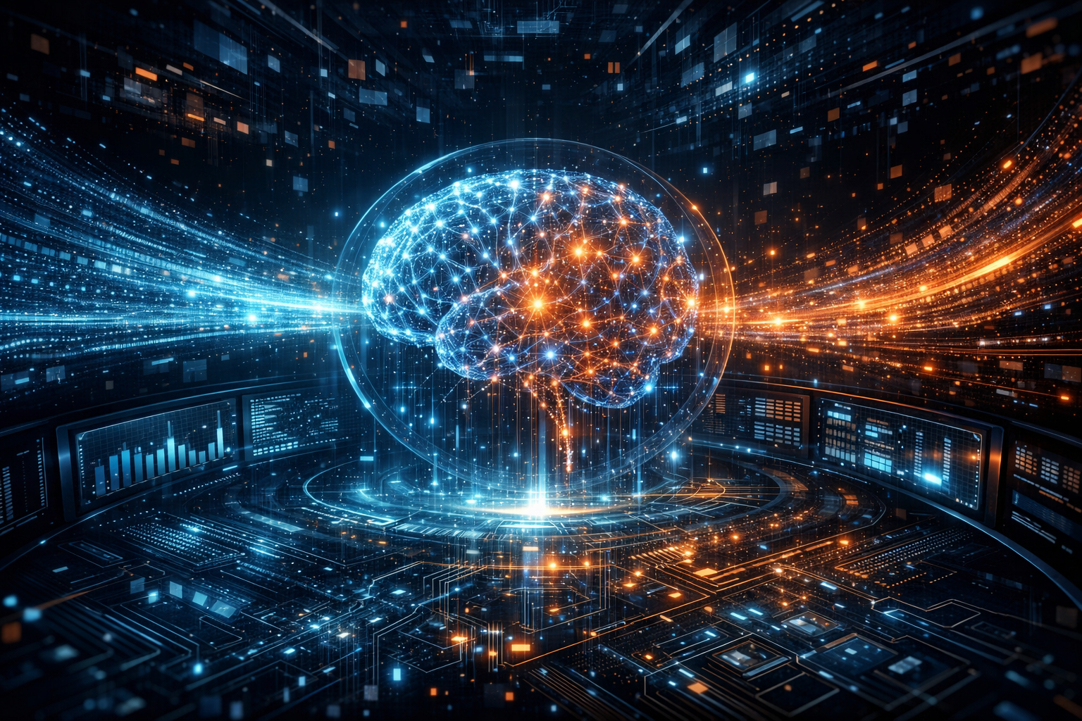 Interface fenêtre de contexte IA massive avec flux de données