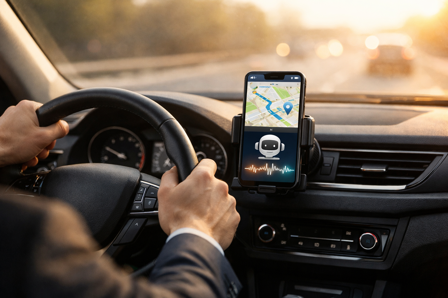Conducteur utilisant la commande vocale Gemini sur Google Maps dans sa voiture