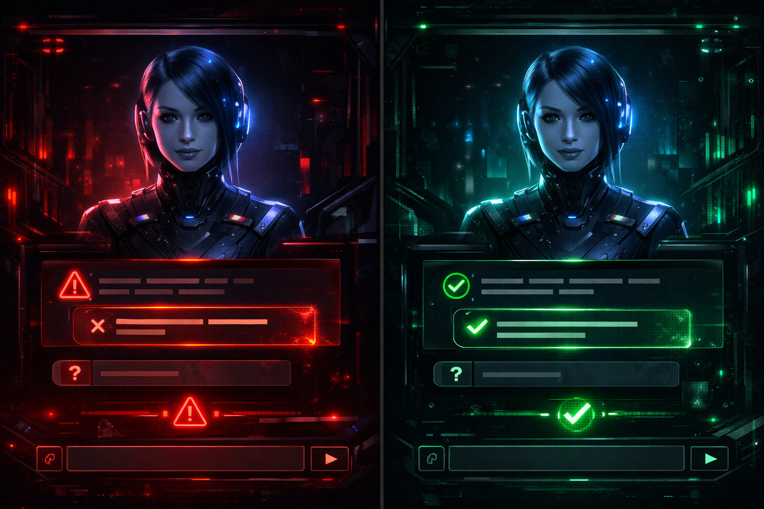 Comparaison IA correcte et IA hallucinant avec interface de chat