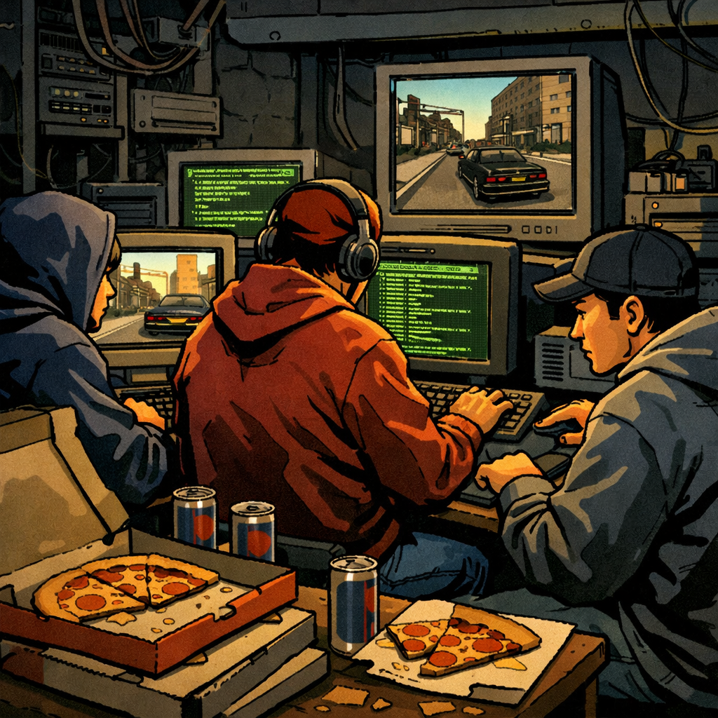 GTA III et la naissance du modding en 2001 - moddeurs devant écrans CRT