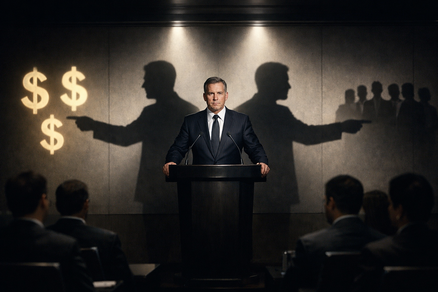 PDG au podium avec ombre divisée, symbolisant le double discours