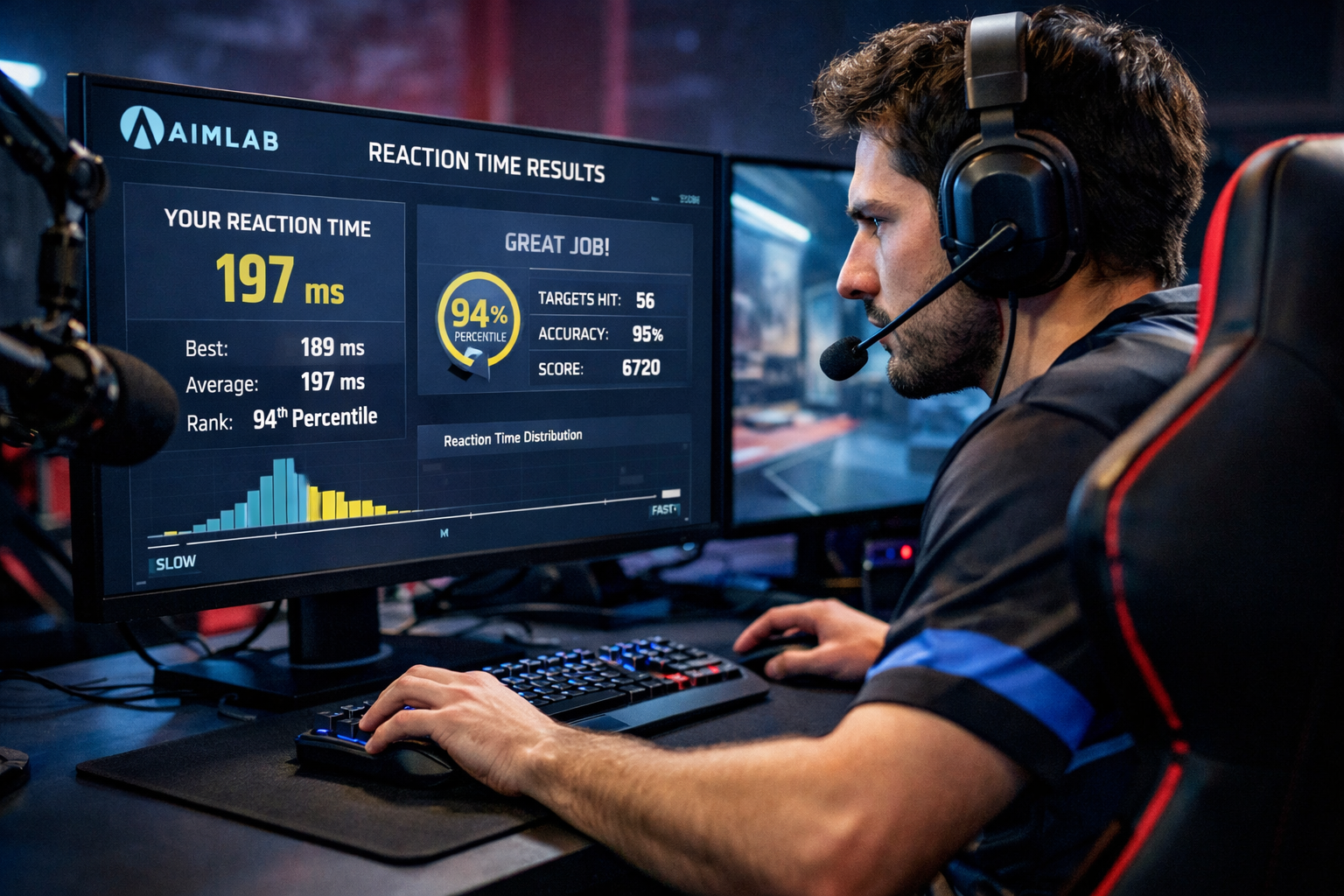 Gamer professionnel testant une souris gaming avec interface Aim Labs