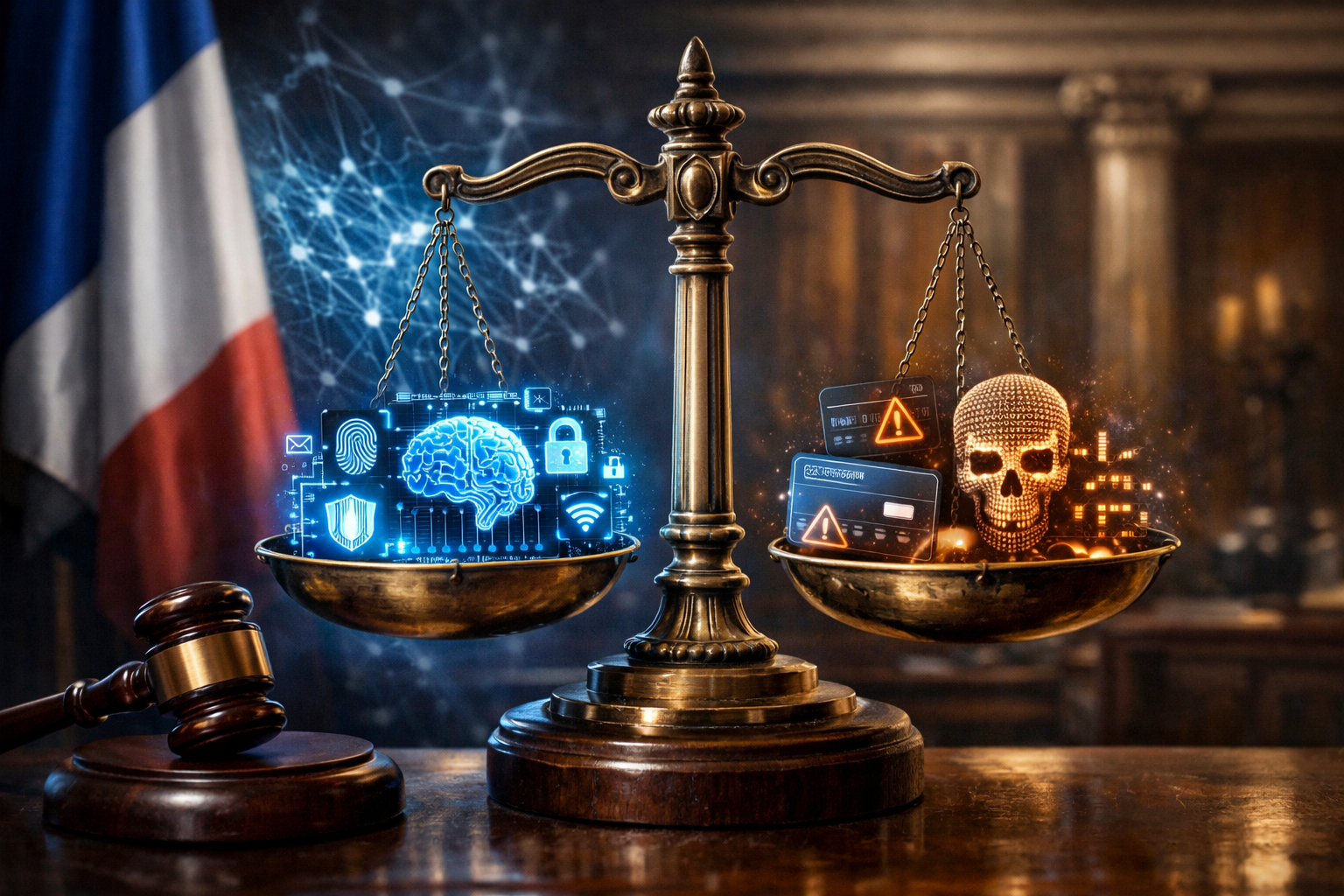 Balance de la justice et symboles d'intelligence artificielle — loi française contre les arnaques IA