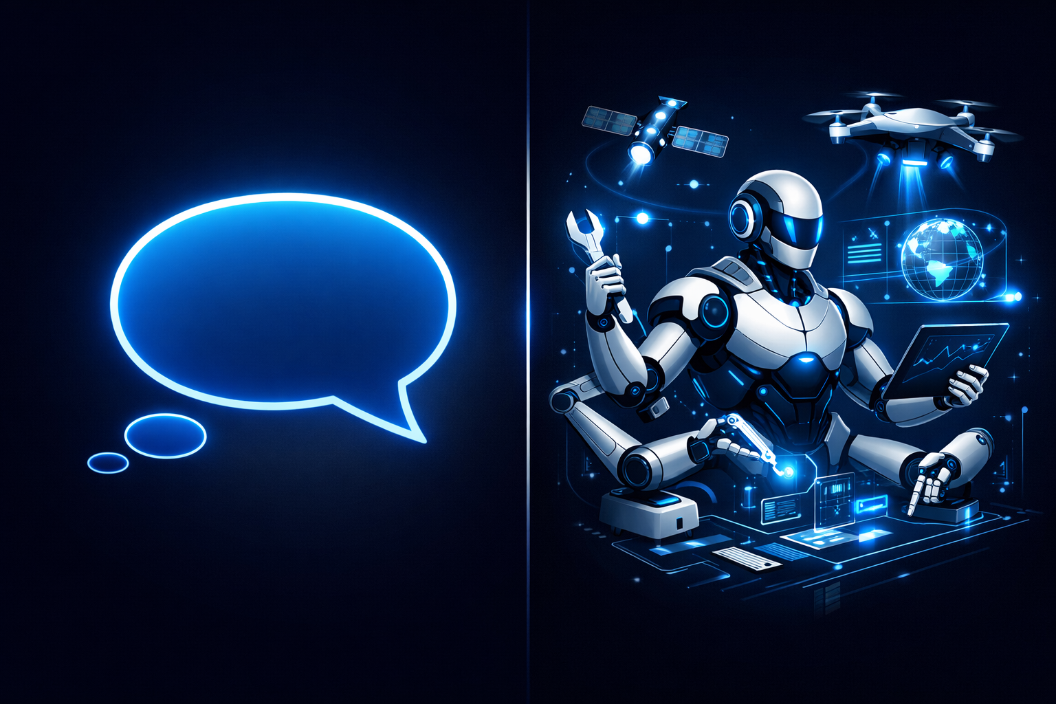 Comparaison entre une interface de chat classique et un agent IA autonome qui exécute des tâches réelles