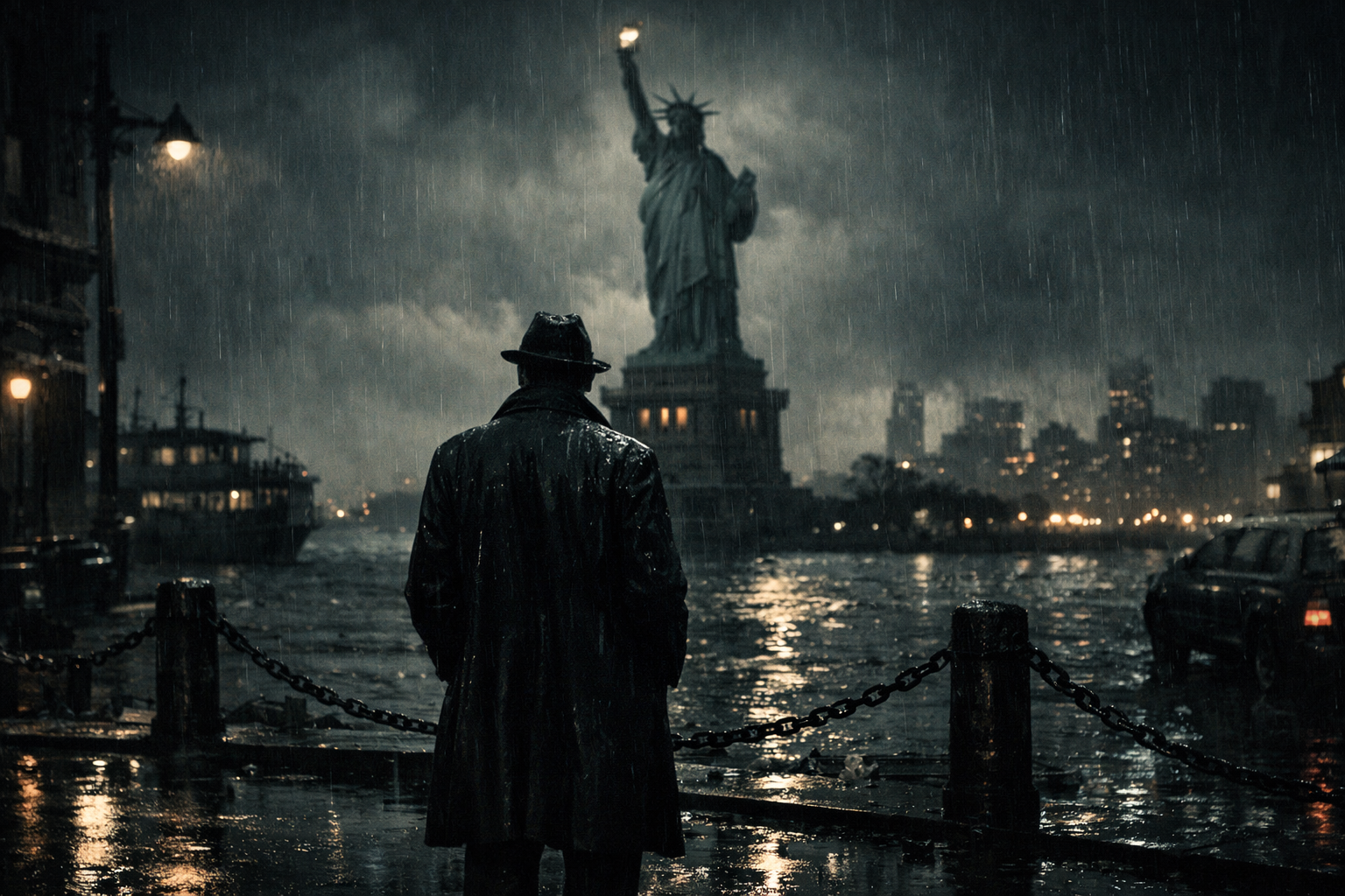 Atmosphère sombre de Liberty City avec la Statue de la Liberté de nuit