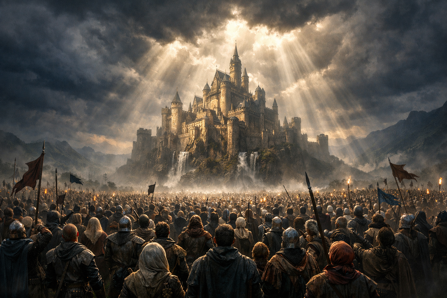 Foule de guerriers médiévaux rassemblés devant un château dans une atmosphère de hype intense