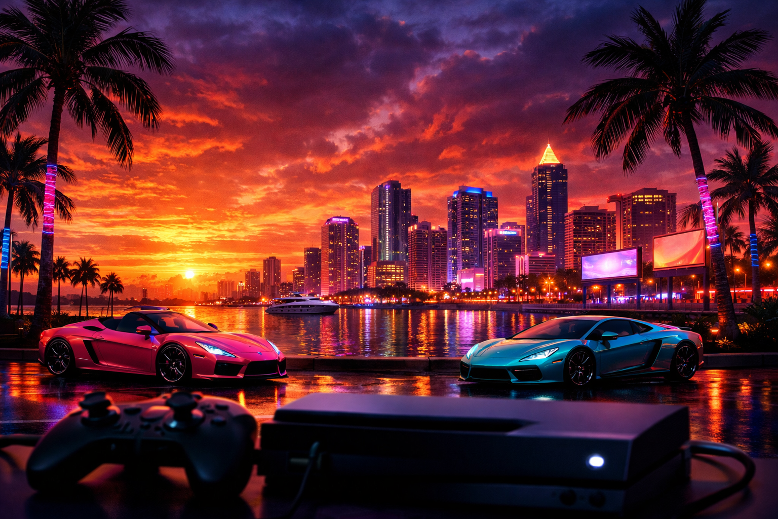 Ville côtière tropicale au néon style Vice City GTA 6