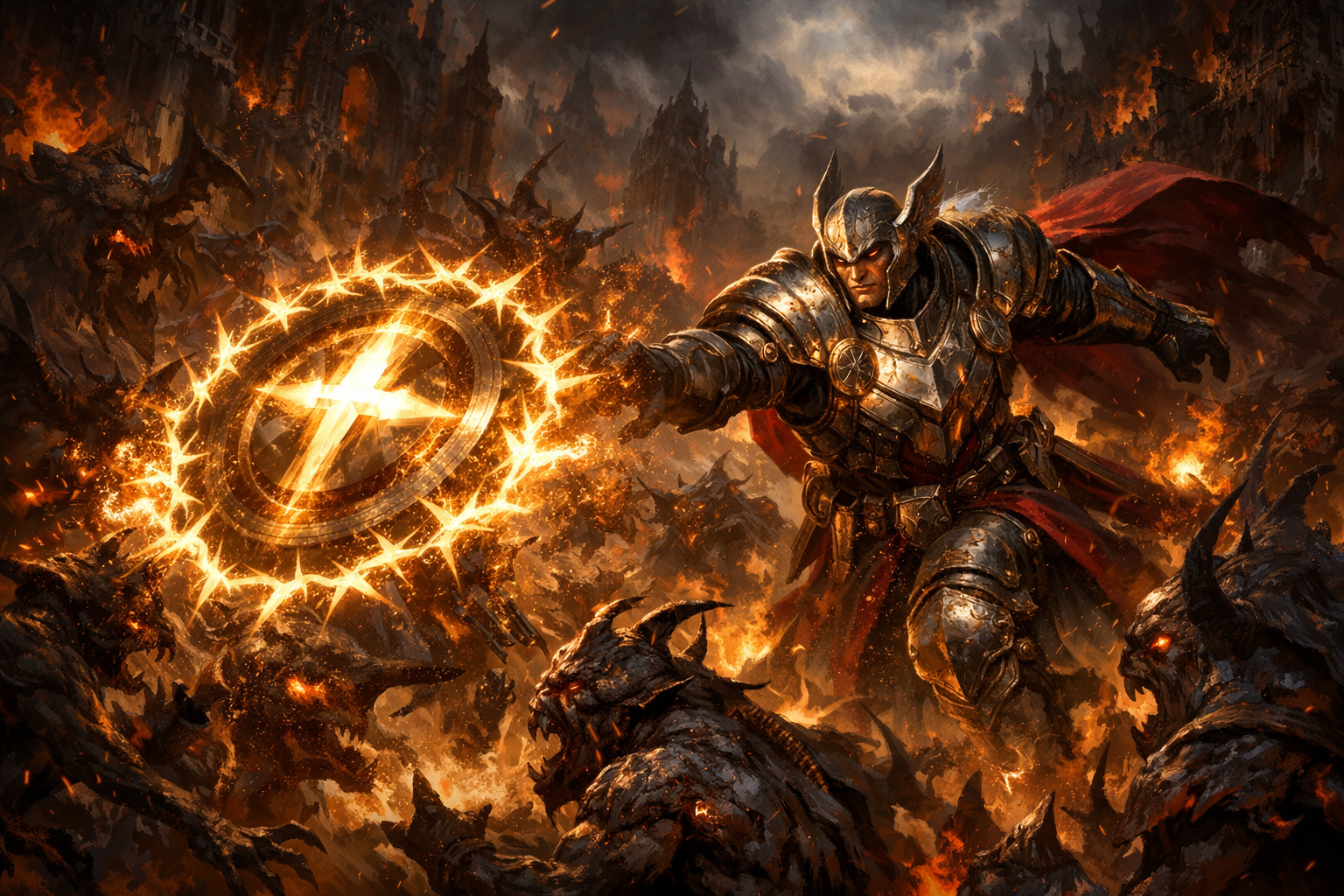 Paladin Captain America lançant son bouclier divin à travers les hordes de démons